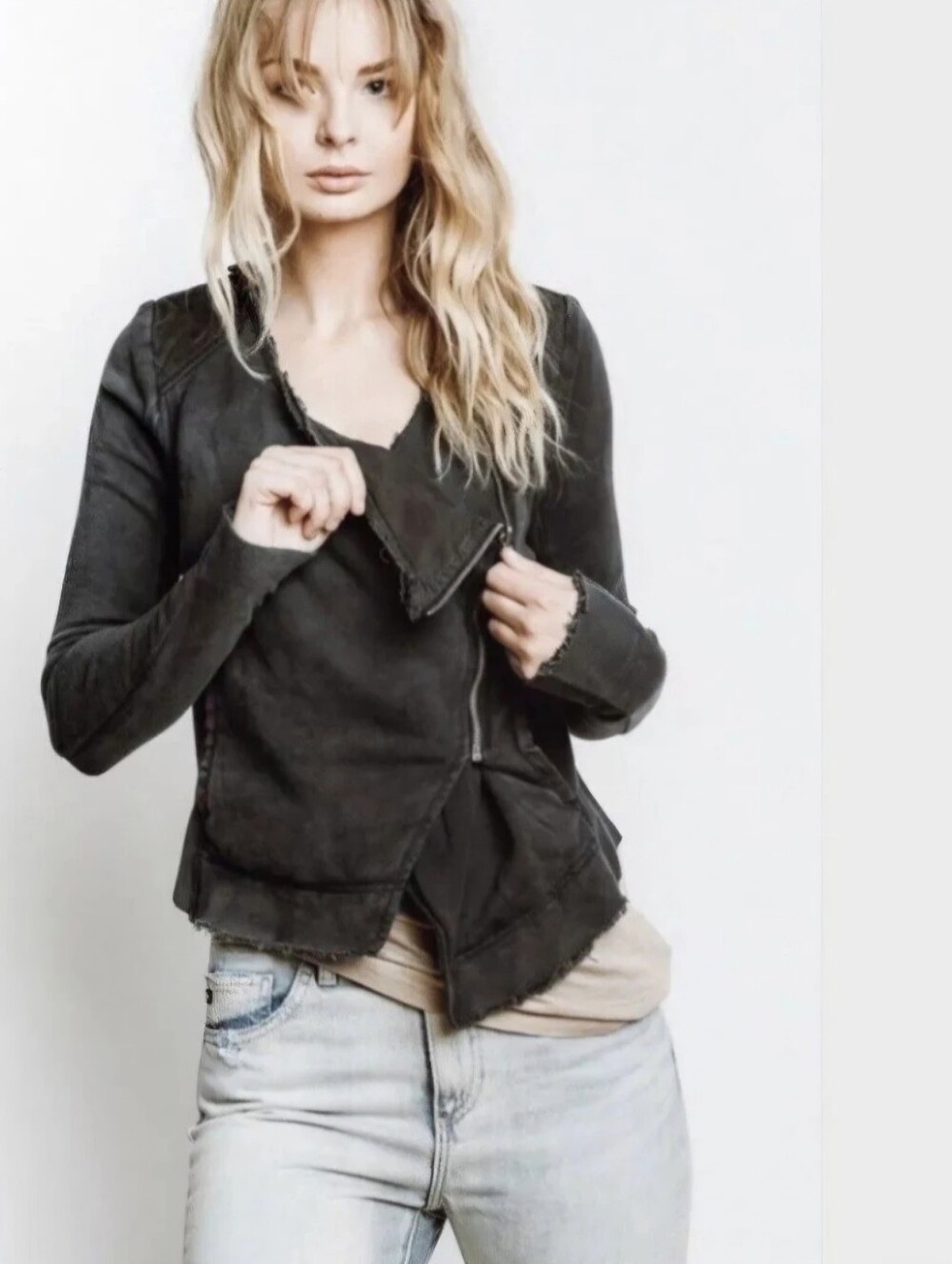 Free People Distressed Charcoal Gray Wash Cotton Shrunken Moto Jacket Size S - Picture 2 of 8